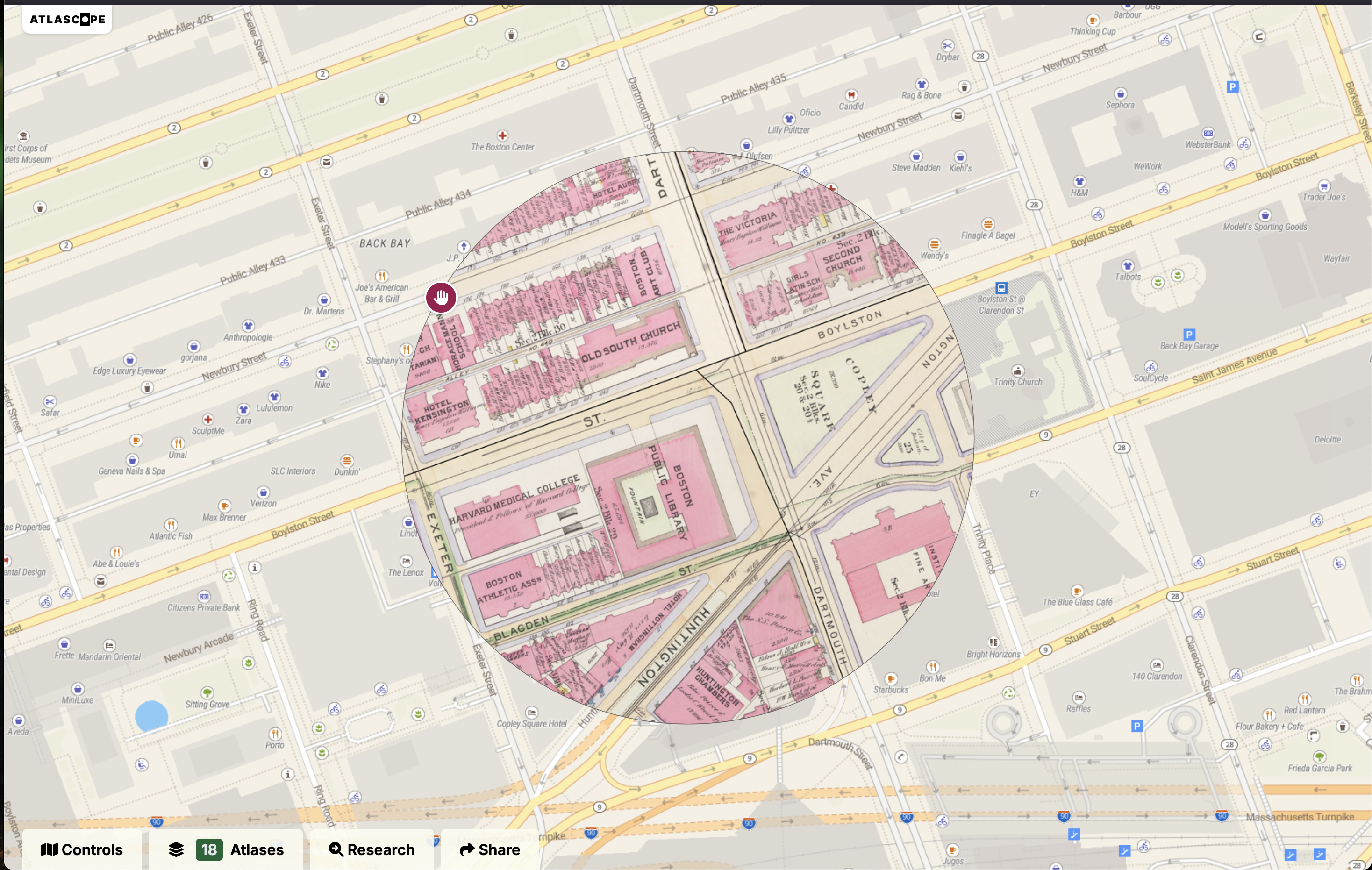 Screenshot of the Atlascope viewer with georeferenced map sheets