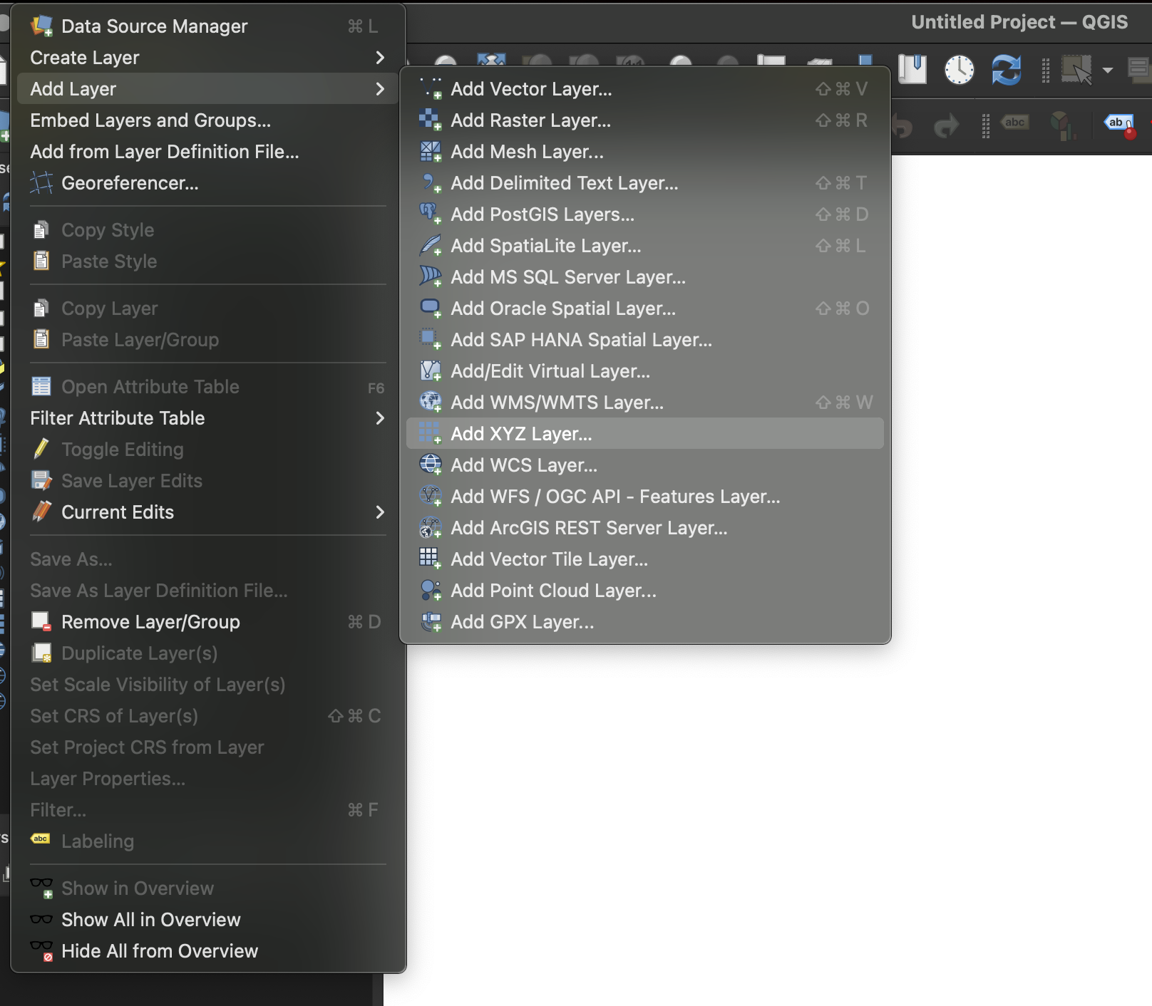 Opening XYZ tile layer dialog in QGIS