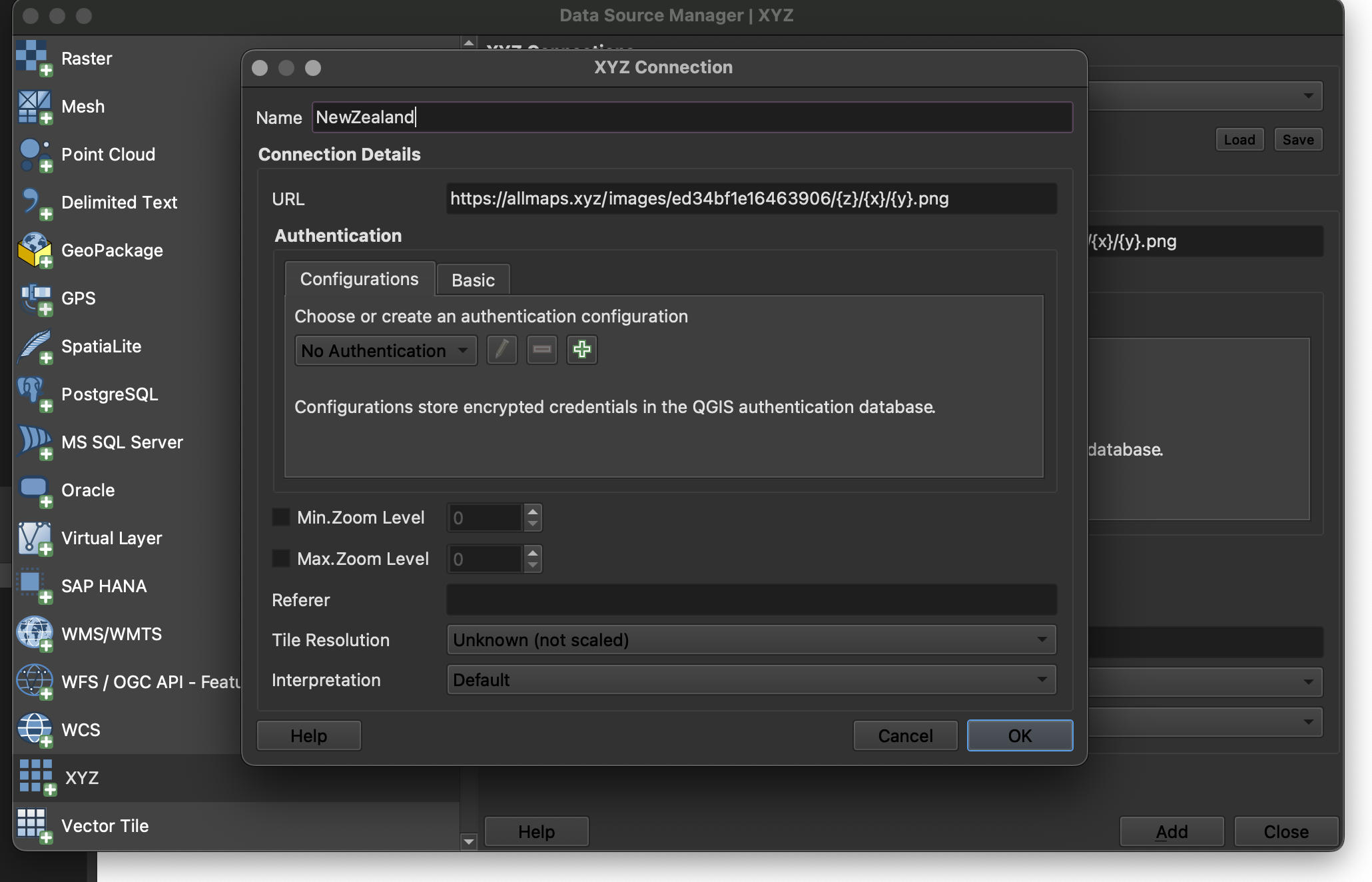 Adding a new XYZ connection in QGIS