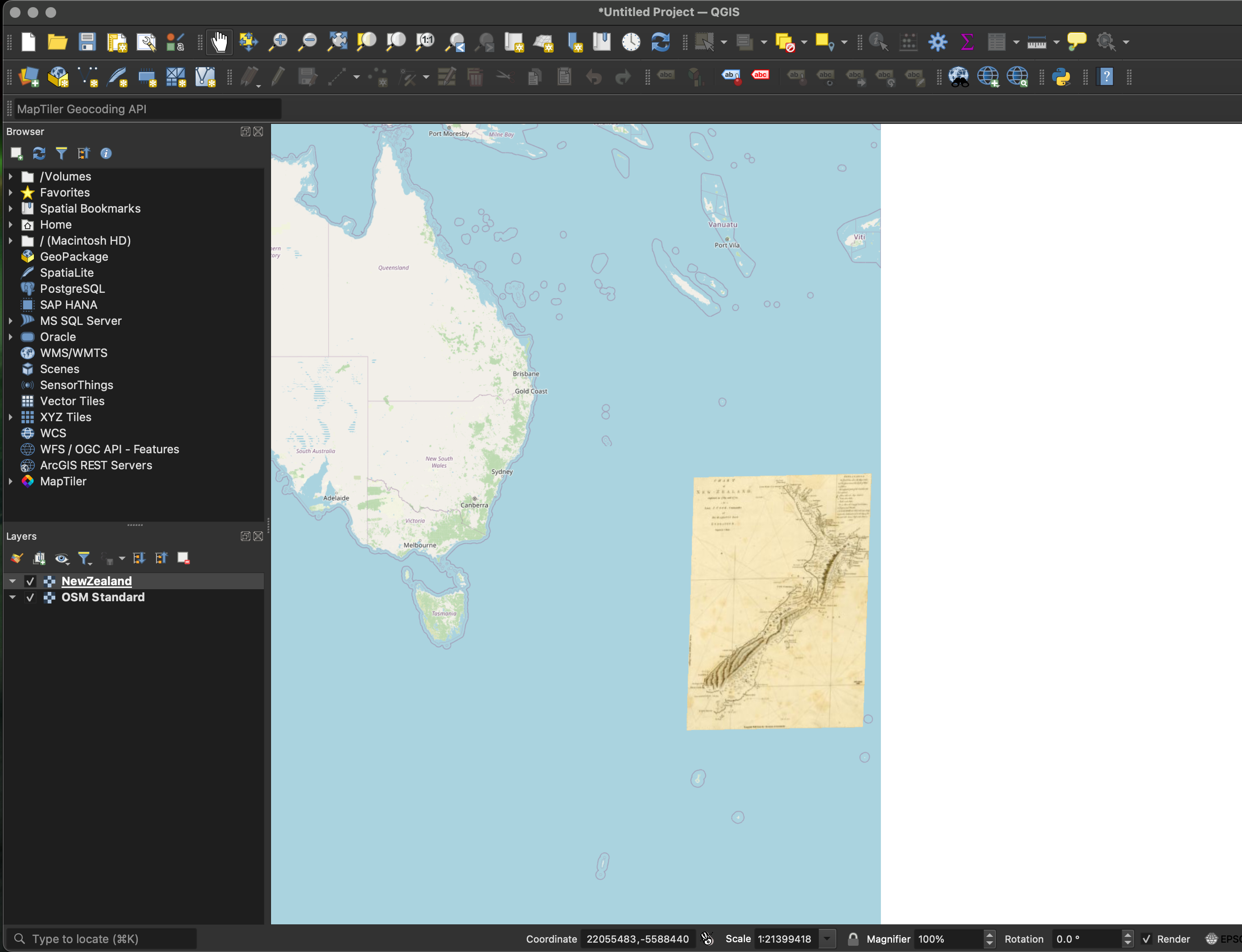 Georeferenced map shown inside QGIS