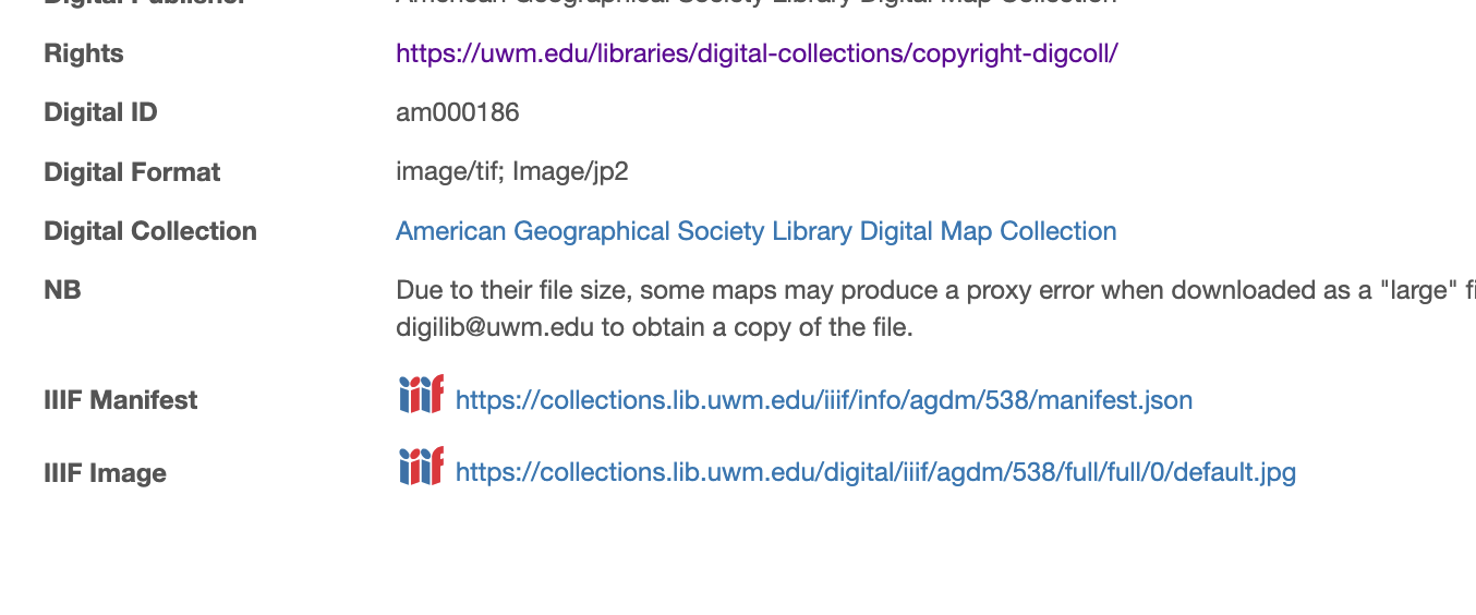 Screenshot showing the location of the IIIF Manifest URL in the UWM digital collection