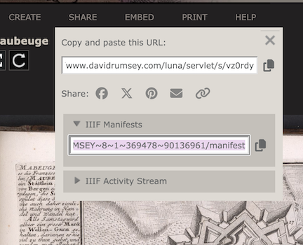 Screenshot of the menu option to find IIIF manifests in the David Rumsey Map Collection